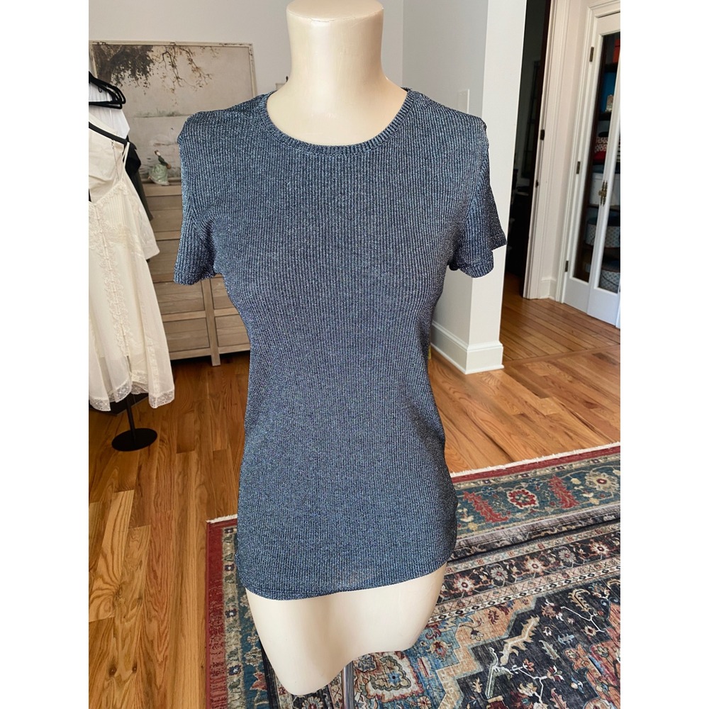 Zara Womens Large Metallic Silver Ribbed Knit Short Sleeve Crew Neck Top Shimmer